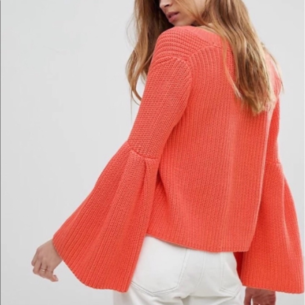 Free People Sweater V-Neck Bell Sleeve Coral Orang - Picture 3 of 12